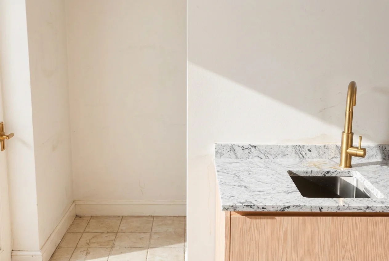 Tired room corner with dated beige floor tiles and scuffed walls before AI Room Renovation