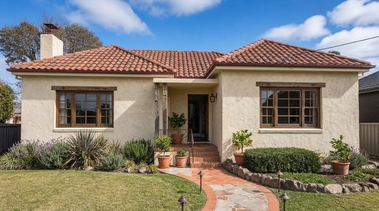 Single-story Spanish style house exterior with beige stucco walls, terracotta roof tiles, wooden window frames, and a landscaped front yard with potted plants.