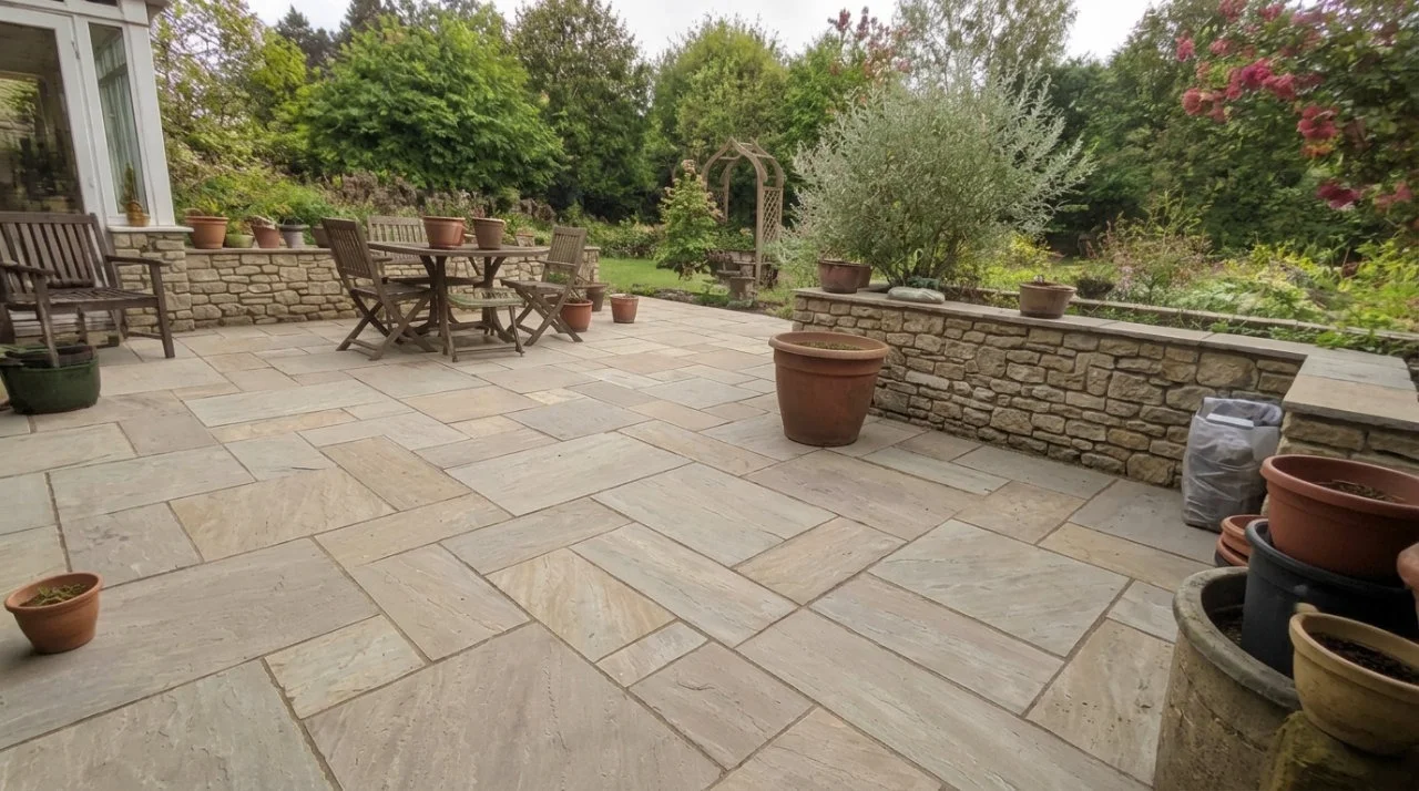 Spacious paved stone patio featuring low stacked-stone retaining walls, neatly arranged terracotta pots, a wooden outdoor dining table, and a lush garden backdrop.