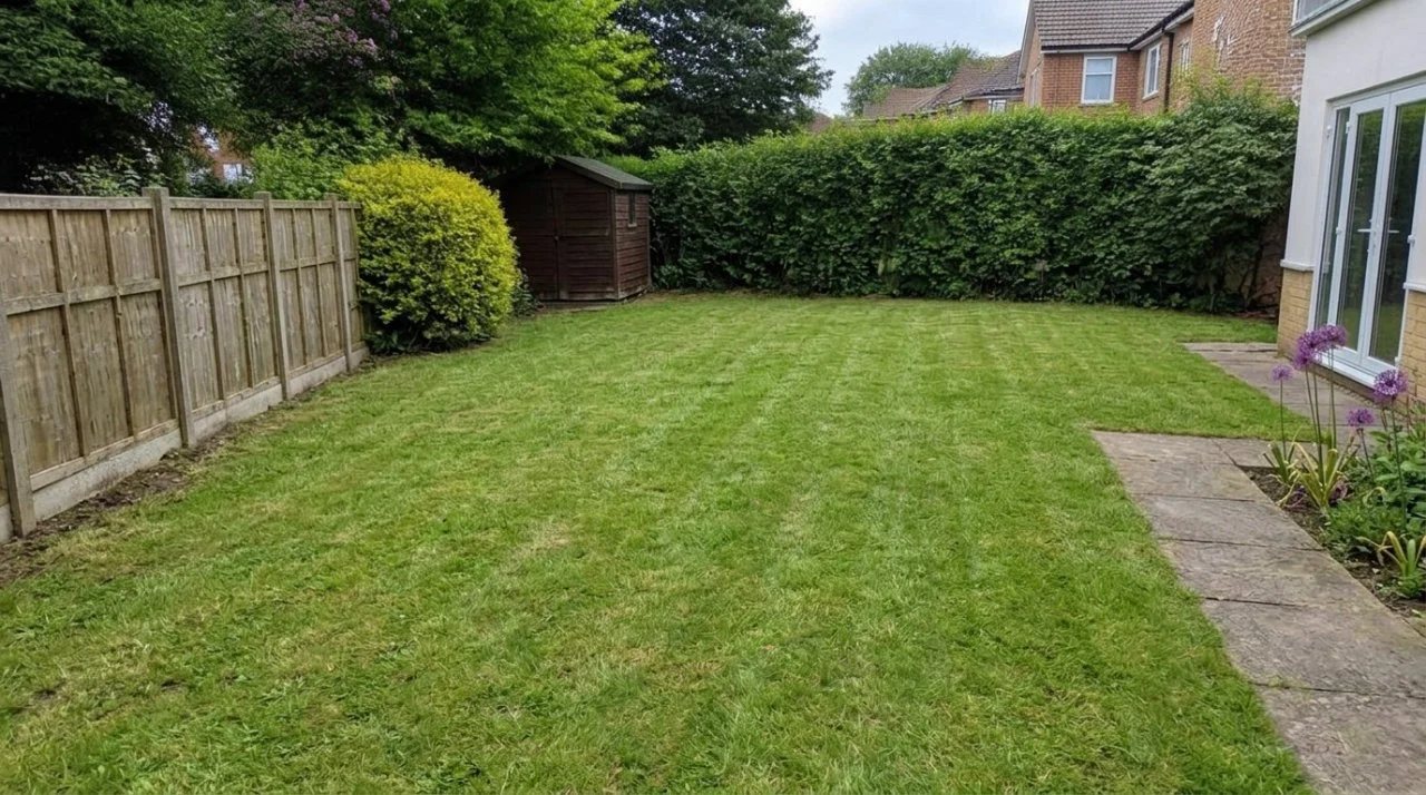 The same backyard, now neatly mowed and manicured with a clear lawn, tidy concrete paver path, and purple allium flowers planted by the French doors. The fence, shed, and hedges are tidy and clear of overgrowth.