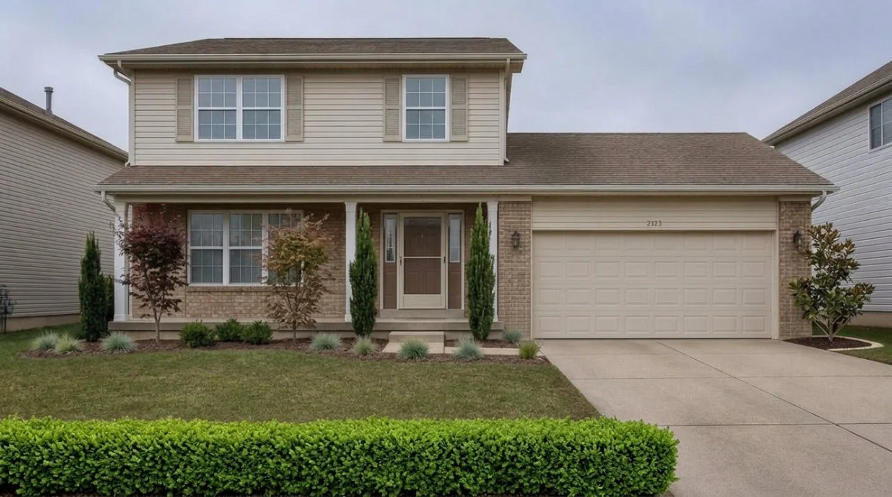 Two-story suburban beige house with updated front-yard landscaping, featuring narrow cypress trees framing the entryway, decorative Japanese maples, ornamental grasses, and a low green hedge along the lawn.