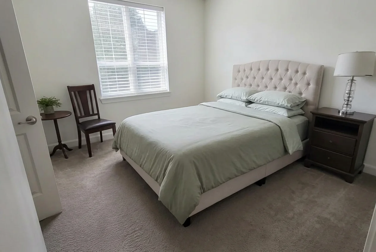 Calm bedroom after AI Virtual Decluttering removed clothes and personal items