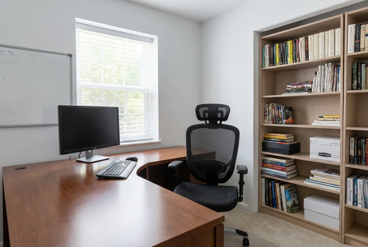 Clean home office desk after AI Virtual Decluttering removed cables, papers and mugs