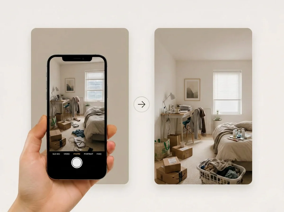 Cluttered bedroom phone photo with boxes and laundry before AI Virtual Decluttering