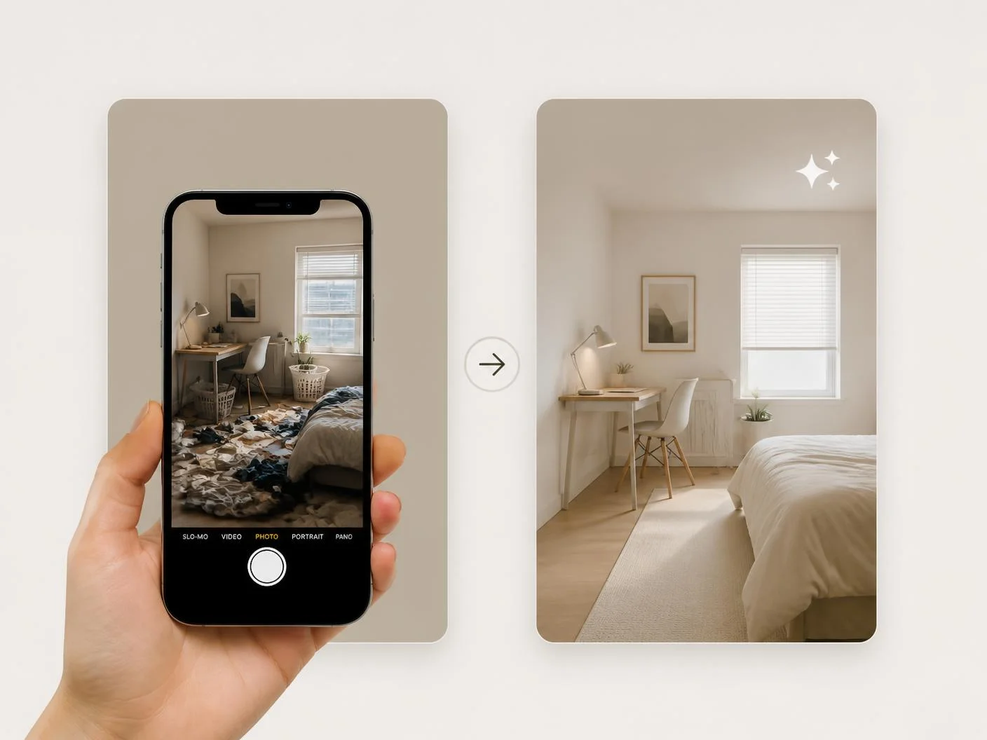 How AI Virtual Decluttering turns a phone photo of a messy room into a tidy room