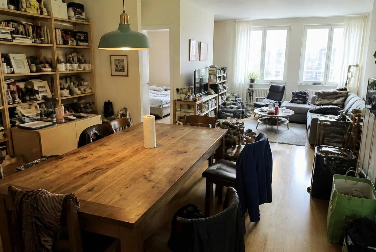 Open-plan dining area half decluttered by AI Virtual Decluttering