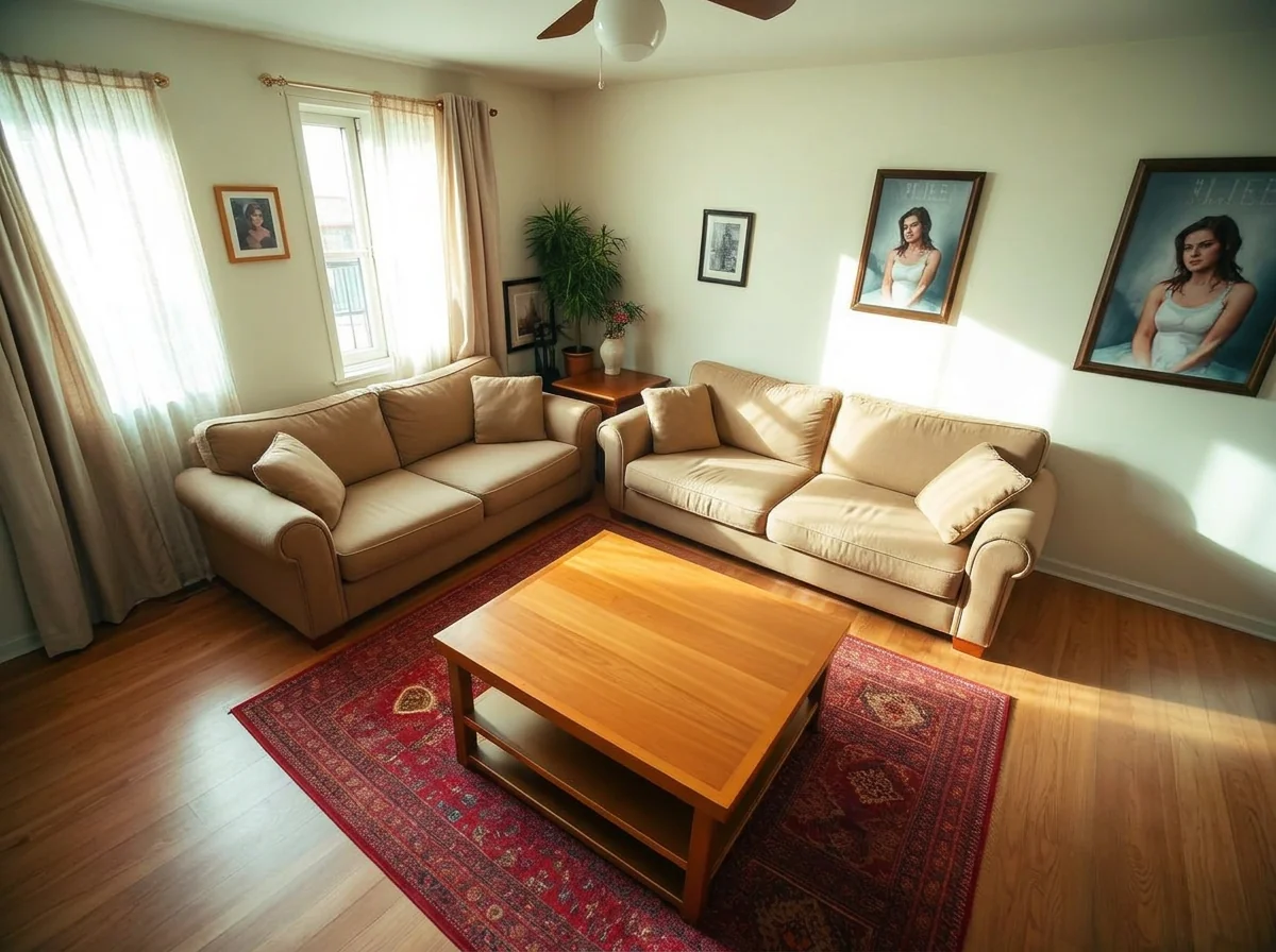 Tidy living room with clear floor and empty coffee table after AI Virtual Decluttering